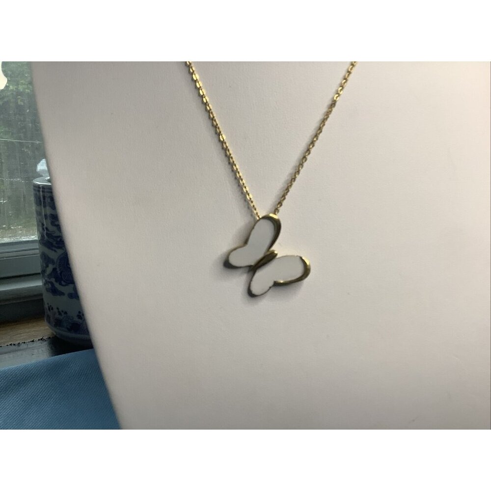 Vintage Signed Crawn Trifari‎ Gold Tone Enamel Butterlfy Necklace Pendant